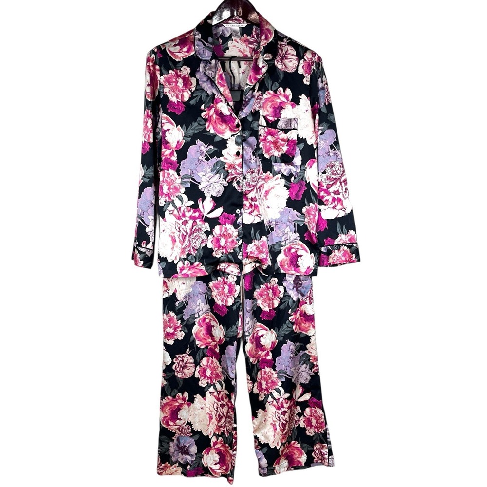 Victorias Secret Satin Pajama Set Womens S Black Pink Florals Silky Alluring‎